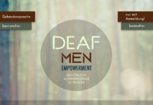 Ein Informationsflyer mit einem hellgrünen Waldhintergrund, der auch teils Bokehhaft ist. Im Vordergrund steht der Titel in einem Kreis mit Deaf Men Empowerment, darunter in einem grauen transparenten Balken sind die Referenten Reuf Jasarevic und Amin Loucif, darunter auch einem etwas braunen Balken Datum und Ort und darunter Icons mit Natur, Stärkung, Entspannung und Kultur. Darunter sind Kontaktangaben des Vereins und das Logo von der Kämpfen-Stiftung als Förderer. Ihr erreicht uns unter info@iiiev.org oder 015157530248. Das ganze ist kostenlos und barrierefrei mit Gebärdensprachdolmetschern.