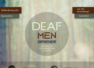 Ein Informationsflyer mit einem hellgrünen Waldhintergrund, der auch teils Bokehhaft ist. Im Vordergrund steht der Titel in einem Kreis mit Deaf Men Empowerment, darunter in einem grauen transparenten Balken sind die Referenten Reuf Jasarevic und Amin Loucif, darunter auch einem etwas braunen Balken Datum und Ort und darunter Icons mit Natur, Stärkung, Entspannung und Kultur. Darunter sind Kontaktangaben des Vereins und das Logo von der Kämpfen-Stiftung als Förderer. Ihr erreicht uns unter info@iiiev.org oder 015157530248. Das ganze ist kostenlos und barrierefrei mit Gebärdensprachdolmetschern.