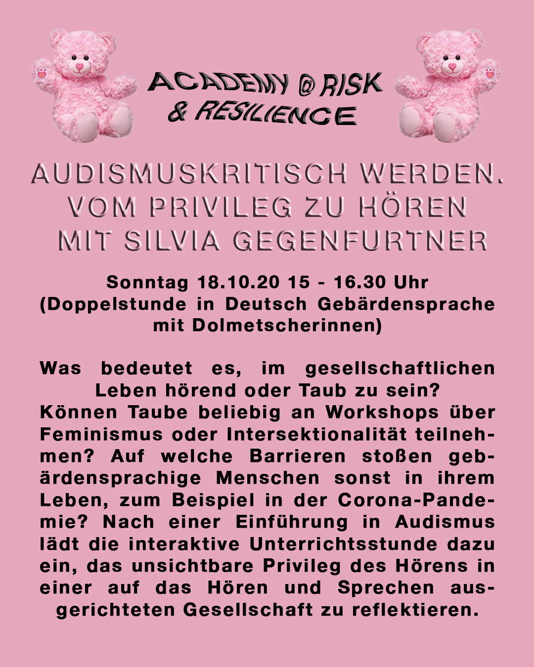 Beschreibungstext des Workshops auf rosa Hintergrund im Design der "Academy - die feministische Traumschule" des Performancekollektivs Henrike Iglesias