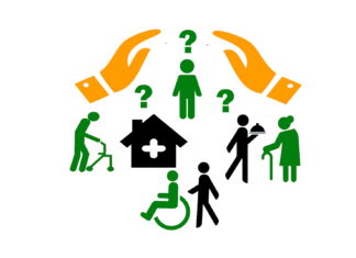 Icons schützende Hände über verschiedenen Pflegesituationen