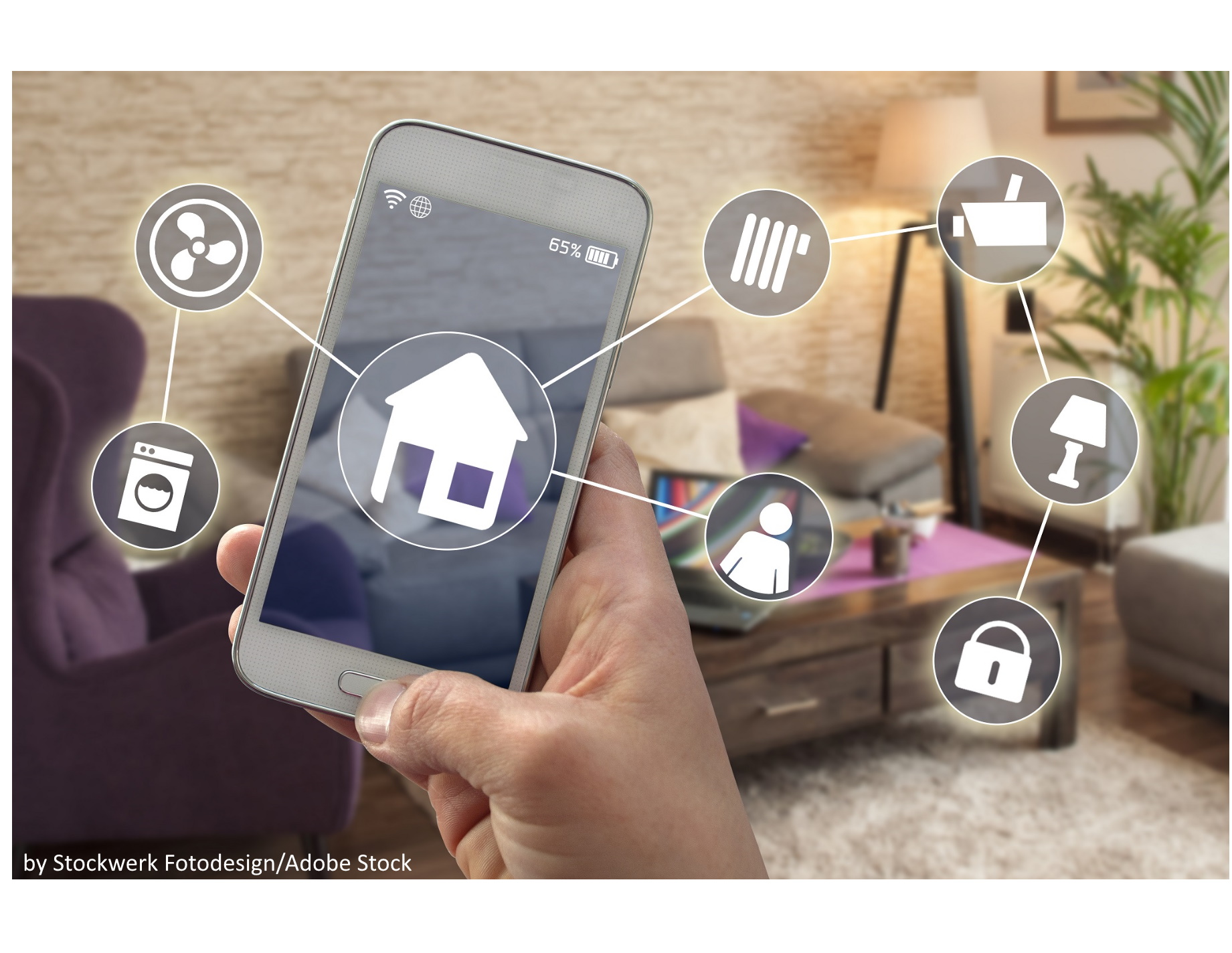Smartphone mit Haus-Symbol und verschiedenen Symbolen von steuerbaren Geräten