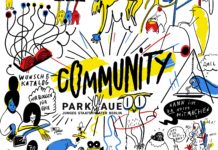 Ausschnitt aus einer Comiczeichnung. Man sieht verschiedene Symbole für das Community Programm. In der mitte ist das Parkaue-Community-Logo. Die zeichnungen sind schwarz auf weißem Hintergrund, es gibt rote, blaue und gelbe Farbflecken.