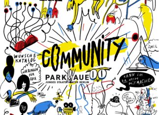 Ausschnitt aus einer Comiczeichnung. Man sieht verschiedene Symbole für das Community Programm. In der mitte ist das Parkaue-Community-Logo. Die zeichnungen sind schwarz auf weißem Hintergrund, es gibt rote, blaue und gelbe Farbflecken.