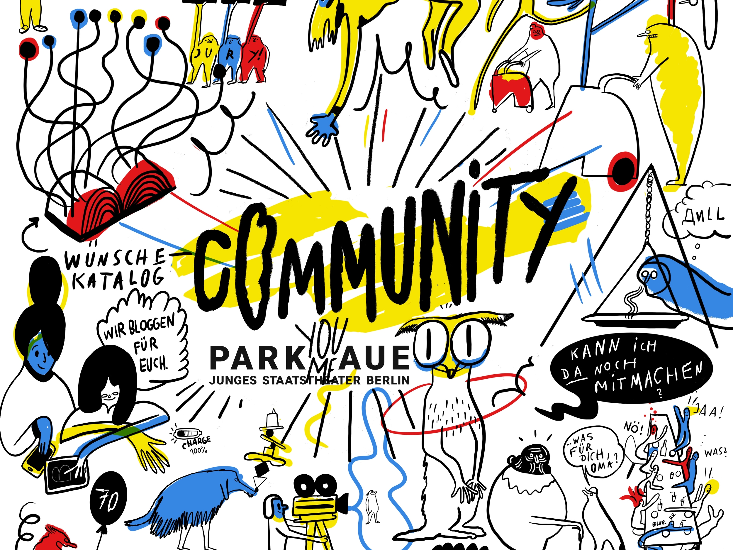Ausschnitt aus einer Comiczeichnung. Man sieht verschiedene Symbole für das Community Programm. In der mitte ist das Parkaue-Community-Logo. Die zeichnungen sind schwarz auf weißem Hintergrund, es gibt rote, blaue und gelbe Farbflecken.