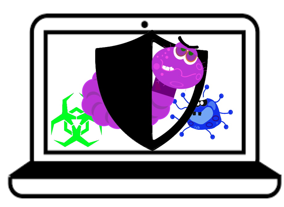 Laptop auf dem ein Schutzschild Viren und andere Schadsoftware zurückhält