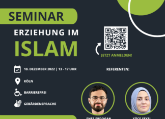 Ein Veranstaltungsflyer im grauen Hintergrund. Oben links befindet sich der Titel des Seminars „Erziehung im Islam" in grauer und grüner Farbe. Daneben rechts befindet sich ein grüner Kreis einem Kreis. Darunter ein Profilbild vom islamischen Theologen Enes Erdogan, er hat braune kurze Haare, einen Schnurrbart und einen Vollbart, seine Hautfarbe ist hell. Neben dem Profilbild von Enes befindet sich ein Bild von der Kindheitspädagogin Yüce Seyfi. sie trägt ein hellblaues Kopftuch. Im linken Bereich sind die lcons für Datum, Ort und Gebärdensprache, Rollstuhl. Im unteren Abschnitt des Flyers befindet sich das Logo vom BFmF Begegnungs- und Fortbildungszentrum muslimischer Frauen e.V. und Muslimisches Familienbildungswerk Köln. Das Logo besteht aus einem Kreis mit den Buchstaben des Vereins. Neben dem Logo von BFmF steht das Vereinslogo, bestehend aus einem türkis-hellblauen Halbmond, worauf bunte Kreise zukommen. Daneben steht in dunkelblauer Textform die Abkürzung I I I E V ausgesprochen als 3 I E V. Darunter ausgeschrieben Interkulturelles Institut für Inklusion e.V. Neben den beiden Logos befindet sich die Kontaktangaben. Ihr könnt uns per Mail info@iiiev.org oder telefonisch unter 015157530248 erreichen.