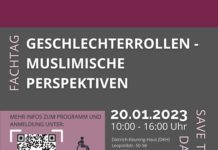 Flyer mit dem Titel "Fachtag Geschlechterrollen – muslimische Perspektiven“ in weißer Schrift auf grauem Balken. Der Hintergrund ist Lila. Rechts unten stehen die Eckdaten: 20.1.2023 von 10:00 bis 16:00 Uhr sowie die Adresse Dietrich-Keuning-Haus (DKH) Leopoldstraße 50-58, 44147 Dortmund. Unten links befindet sich ein Icon für Rollstuhl und Gebärdensprache sowie der QR-Code für den Anmeldelink