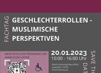 Flyer mit dem Titel "Fachtag Geschlechterrollen – muslimische Perspektiven“ in weißer Schrift auf grauem Balken. Der Hintergrund ist Lila. Rechts unten stehen die Eckdaten: 20.1.2023 von 10:00 bis 16:00 Uhr sowie die Adresse Dietrich-Keuning-Haus (DKH) Leopoldstraße 50-58, 44147 Dortmund. Unten links befindet sich ein Icon für Rollstuhl und Gebärdensprache sowie der QR-Code für den Anmeldelink
