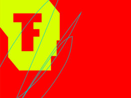 Gelbe Schrift auf roter Fläche. Links oben in gelb das Festival Theaterformen Logo bestehend aus einem großen F und T. Darüber sind blaue Kringel gezeichnet. Unten rechts in gelber Schrift steht: Taube Mitarbeit gesucht.