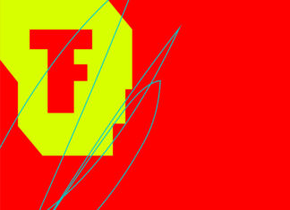 Gelbe Schrift auf roter Fläche. Links oben in gelb das Festival Theaterformen Logo bestehend aus einem großen F und T. Darüber sind blaue Kringel gezeichnet. Unten rechts in gelber Schrift steht: Taube Mitarbeit gesucht.