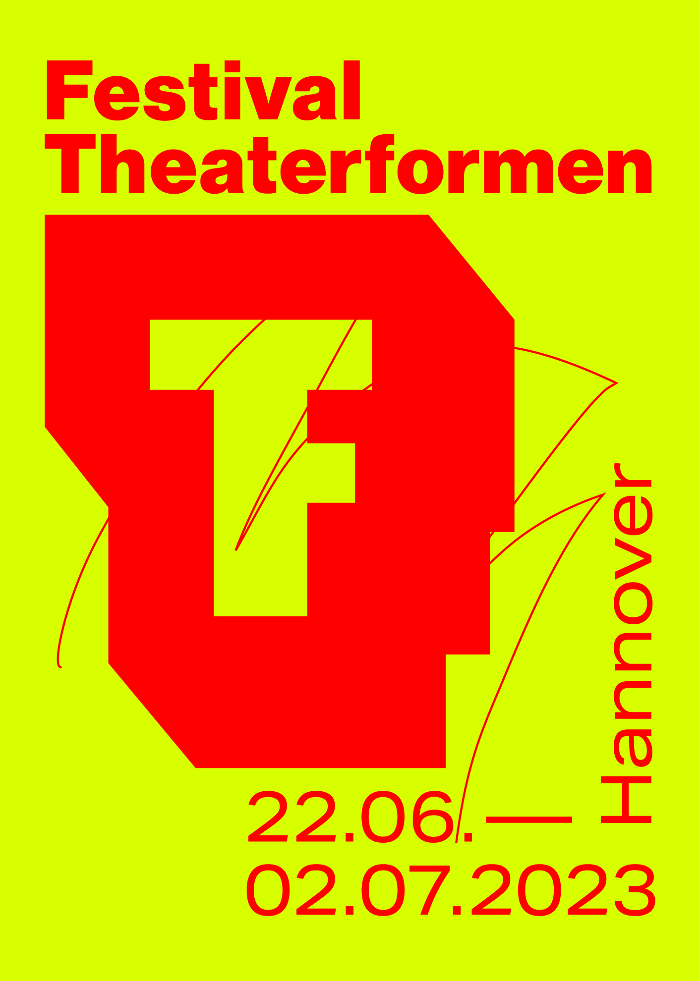 Das Bild zeigt eine neongelbe Farbfläche, auf der das Logo Theaterformen sowie der Schriftzug Festival Theaterformen in Rot liegt. Darunter sind die Festivaldaten 22.06. bis 02.07. und der Ort Hannover in Rot angegeben. Das Logo durchzieht ein roter Scratch.