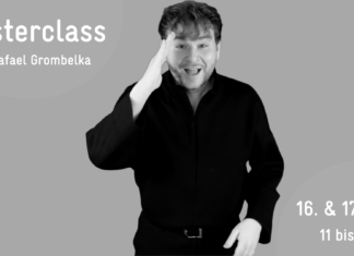 Rafael steht in der Mitte und hat seine rechte Hand an seiner Stirn. Text neben ihm in der linken Ecke: Masterclass mit Rafael-Evitan Grombelka, und Text rechts unten in der Ecke 16. und 17.09.2023 11 bis 17 Uhr.