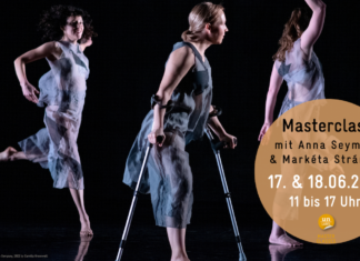 Zwei Menschen bewegen sich. Sie tanzen. Anna und Markéta. Anna ist links. Markéta rechts. An der Seite ein Kreis mit Text: Masterclass mit Candoco Tänzerinnen Anna Seymour und Markéta Stránská 17./18.06.2023.