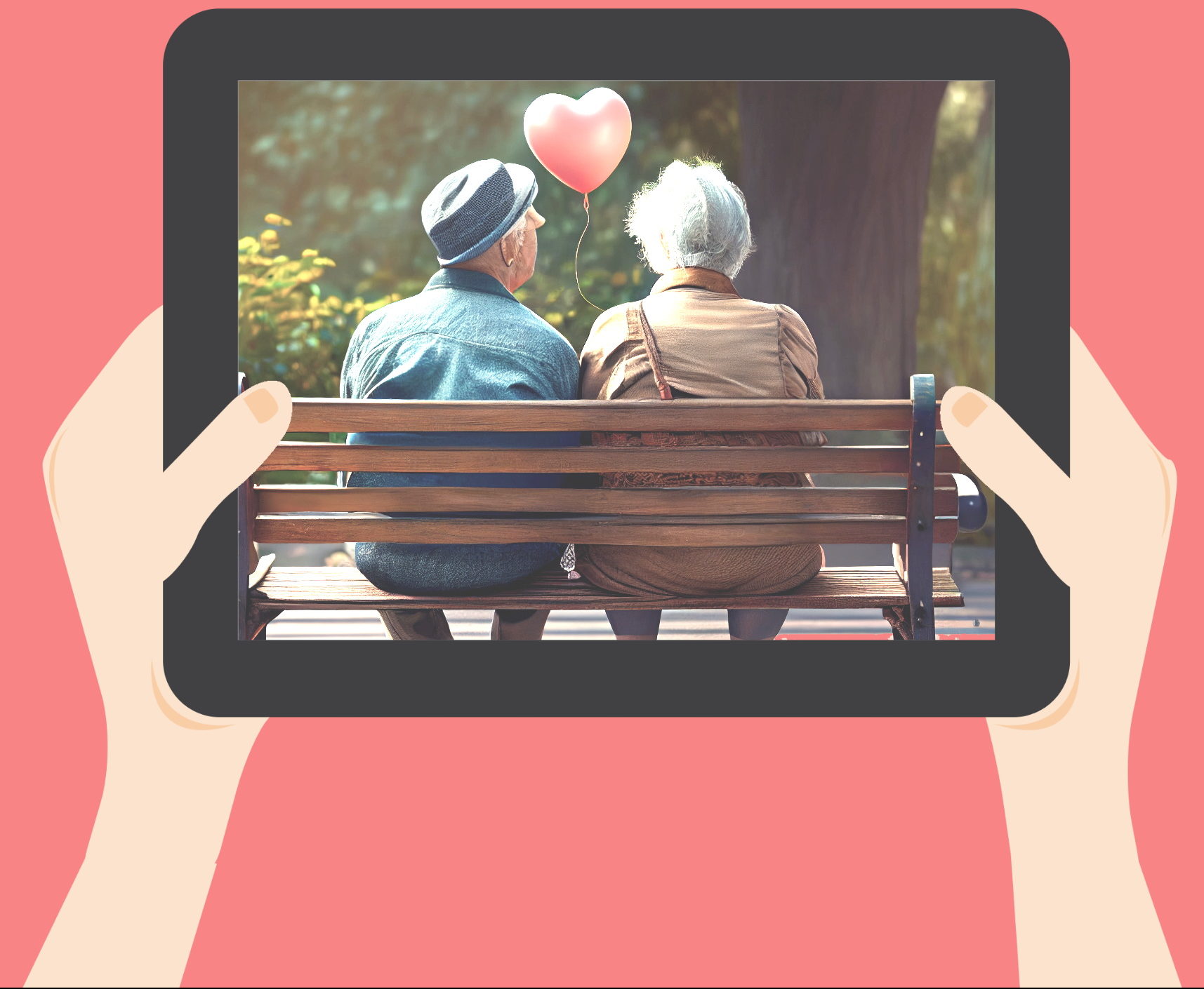 Hände halten ein Tablet, auf dem Tablet sieht man ein verliebtes Pärchen auf einer Parkbank