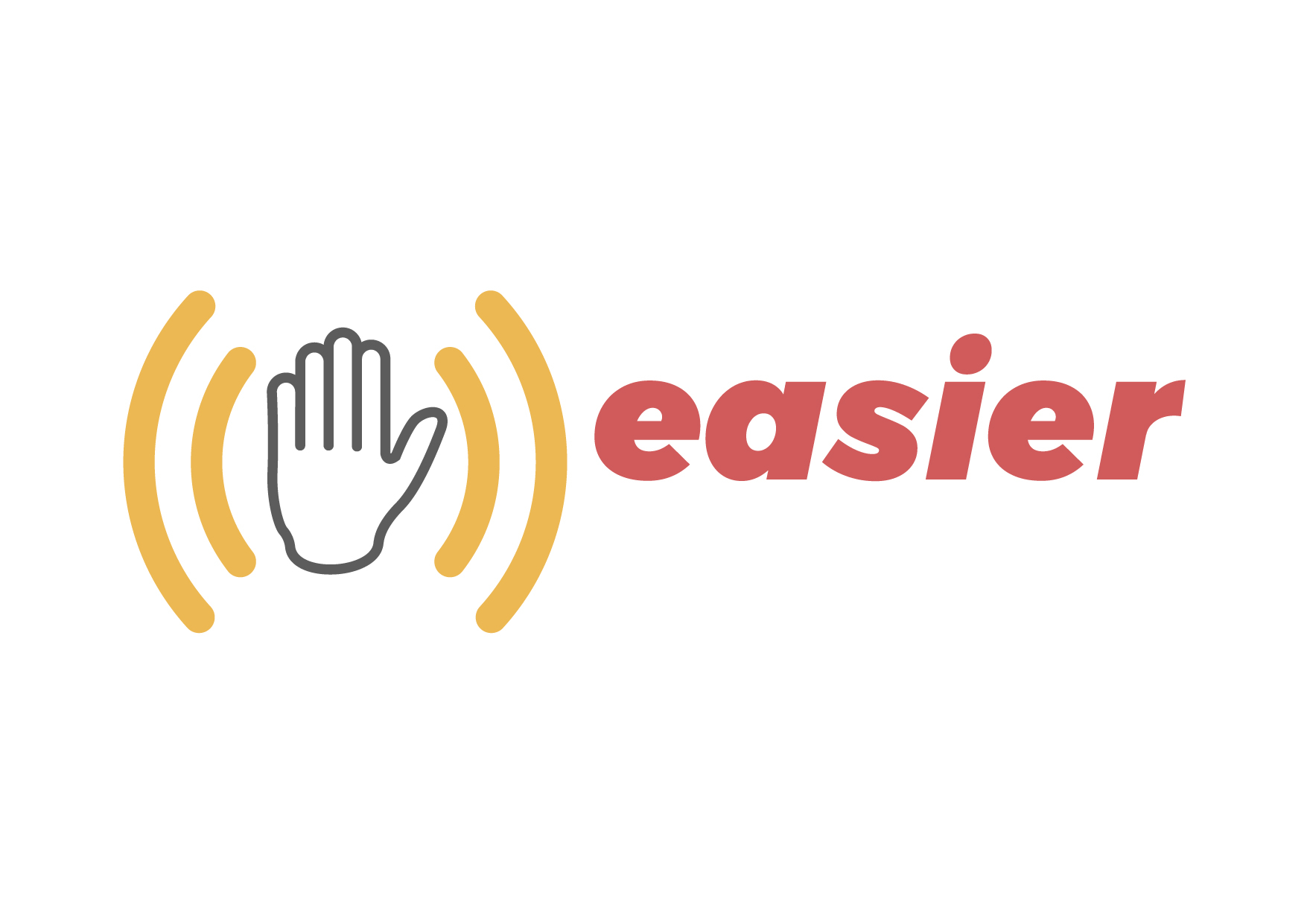 Logo des easier-Projekts: links ist ein Umriss einer Hand zu sehen, um die Hand sind je zwei gebogene Linien in Gelb rechts und links. Rechts steht in roter Schrift easier.