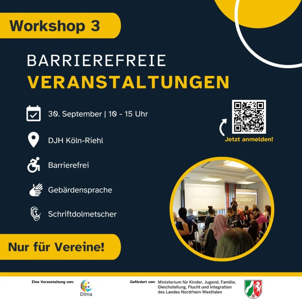 Veranstaltungsflyer über barrierefreie Veranstaltung. Kreisfoto wo vorne ein Deaf referiert und dahinter die Teilnehmer*innen zuschauen. Weitere infos aus dem Text entnehmen.