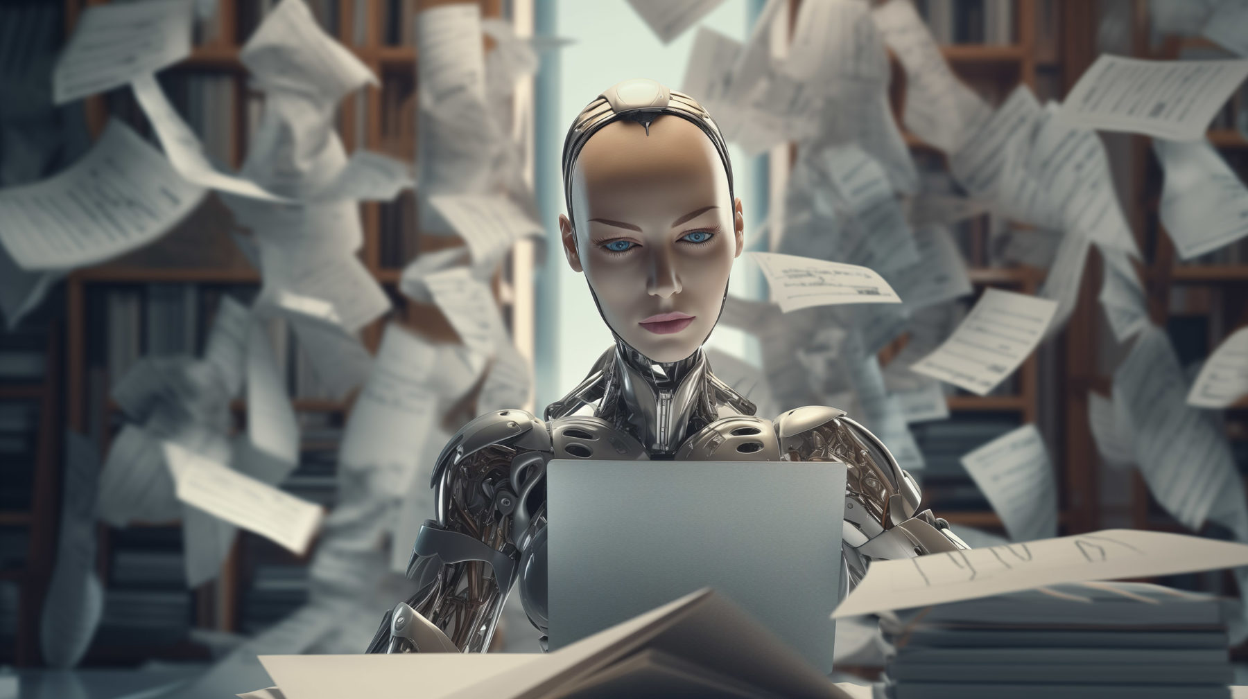 Gebärdensprachavatar: Das Bild zeigt eine sehr detaillierte und realistische Darstellung eines humanoiden Roboters, der an einem Schreibtisch sitzt.