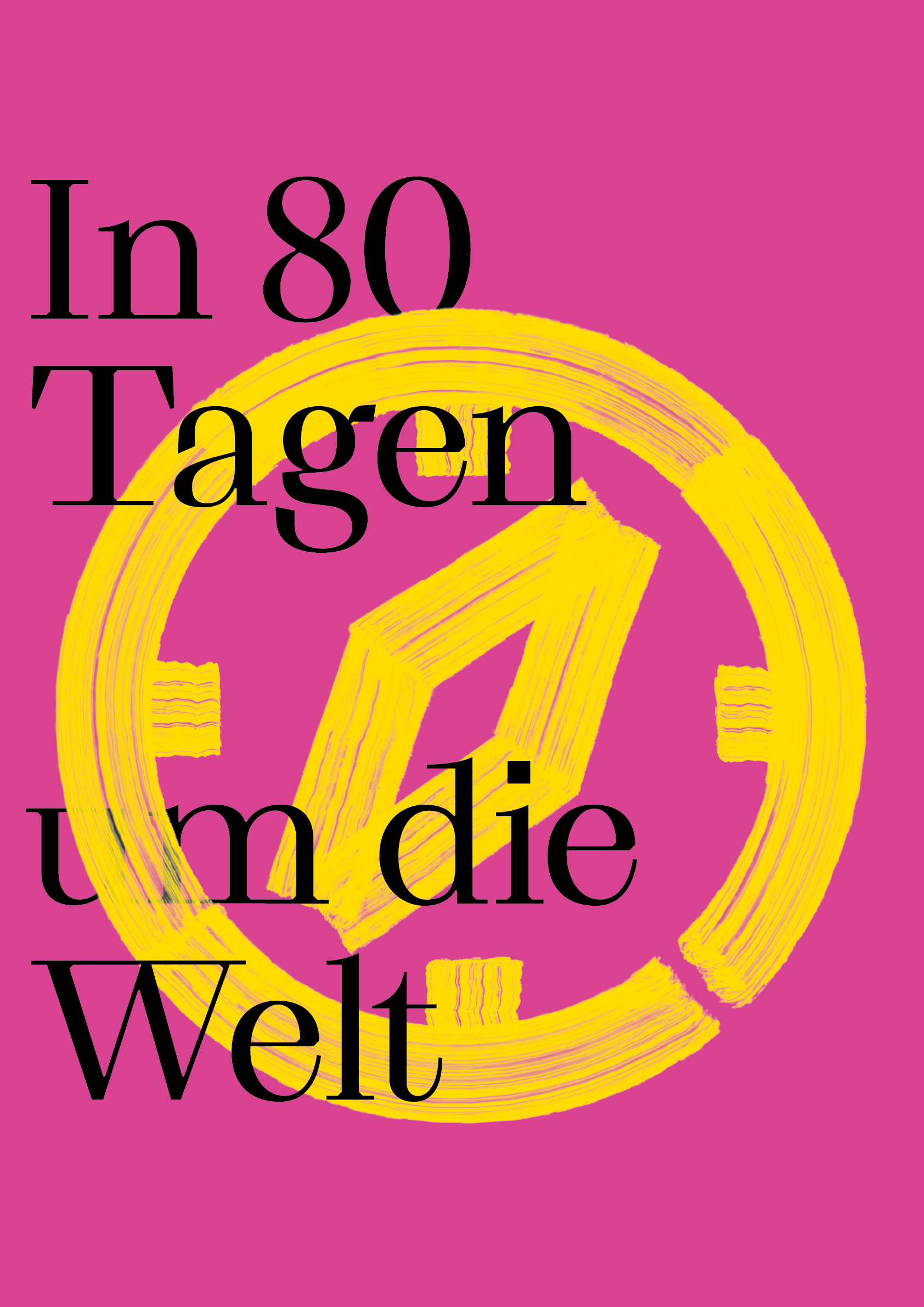 Ein gelber Kompass in Pinselstrich auf pinkem Hintergrund. Davor die Schrift "In 80 Tagen um die Welt".