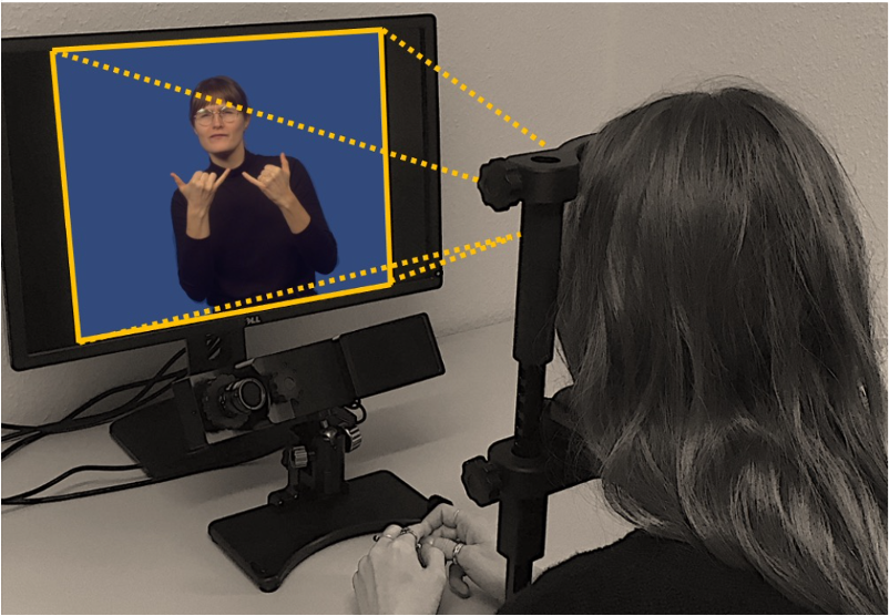 die gebärde WIE ist auf einem Bildschirm zu sehen. Vor dem Bildschirm sitzt eine Person die an der Eye-Tracking-Studie teilnimmt.