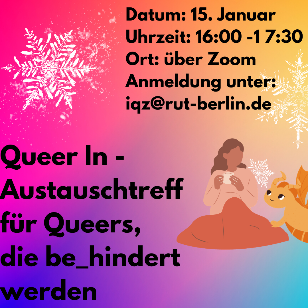 Auf dem Bild sind Schneeflocken. Eine Person of Color sitzt gemütlich in eine Decke gewickelt und hält mit beiden Händen eine Teetasse. Ein kleiner Drache stellt ein Bein auf die Decke und blickt freundlich zur Person auf.