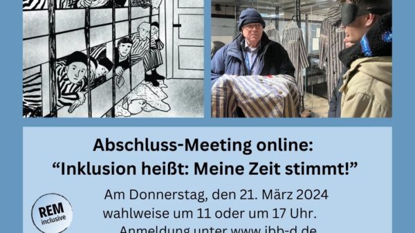 Grafik zur Ankündigung des barrierearmen Online-Abschluss-Meetings im Projekt "Erinnern-inklusiv". Die Grafik zeigt eine kontrastreiche Zeichnung und eine Häftlingskleidung zum Fühlen.