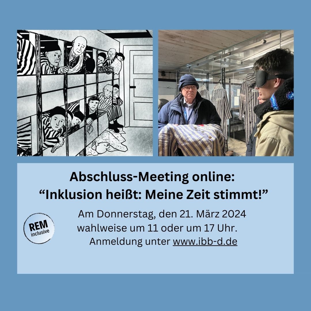 Grafik zur Ankündigung des barrierearmen Online-Abschluss-Meetings im Projekt "Erinnern-inklusiv". Die Grafik zeigt eine kontrastreiche Zeichnung und eine Häftlingskleidung zum Fühlen.