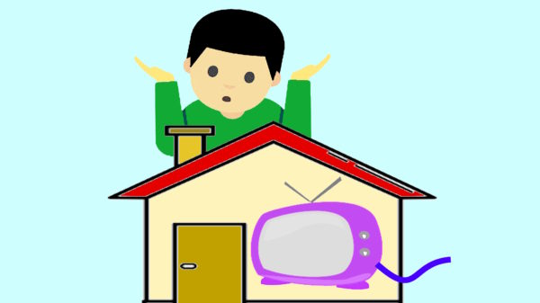 Illustration einer ratlos schauenden Person über einem Haus in dem ein TV mit losem Kabel steht