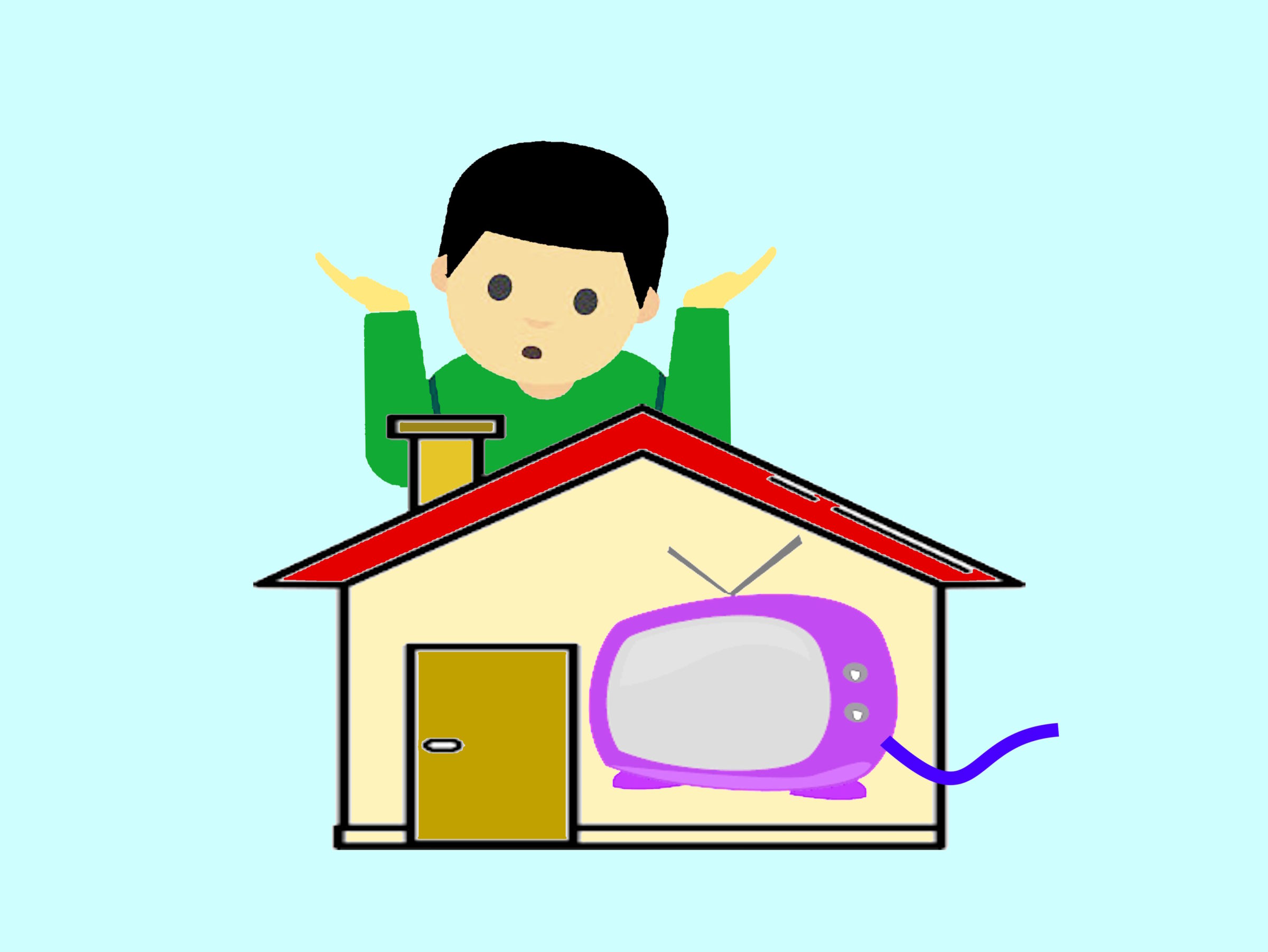 Illustration einer ratlos schauenden Person über einem Haus in dem ein TV mit losem Kabel steht
