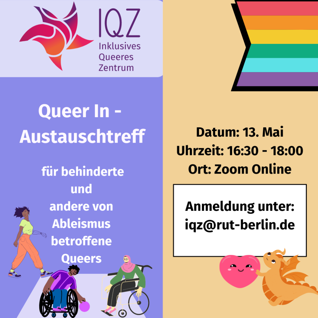 Flyer des IQZ für das Online Austausch-Treffen "Queer In" 