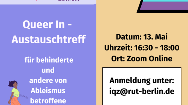 Flyer des IQZ für das Online Austausch-Treffen "Queer In"