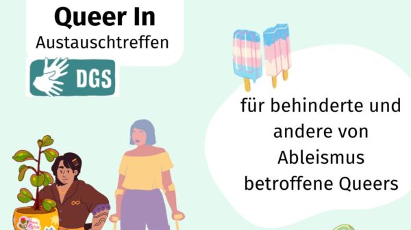 Kurz: Ein Flyer des IQZ zum Queer In am 8.7.24; lang: Auf dem Bild ist unten rechts eine Person im Rollstuhl zu sehen. Sie hat mittellange schwarze Haare und trägt eine Haarspange. Auf dem Schoß hat die Person eine Topfpflanze mit grünen Blättern. Auf dem Übertof steht "Trans Rights". Die Person hat auf ihrem rechten Arm ein Schlangen-Tattoo. Daneben steht eine Person mit zwei Gehhilfen. Sie steht auf dem rechten Bein, ihr linkes Bein endet über dem Knie. Die Person hat kinnlange neonblaue Haare und trägt lila Lippenstift. Im rechten unteren Bildrand ist eine zufrieden lächelnde Avocado abgebildet. Außerdem zu sehen: Eis am Stil in den transfarben.