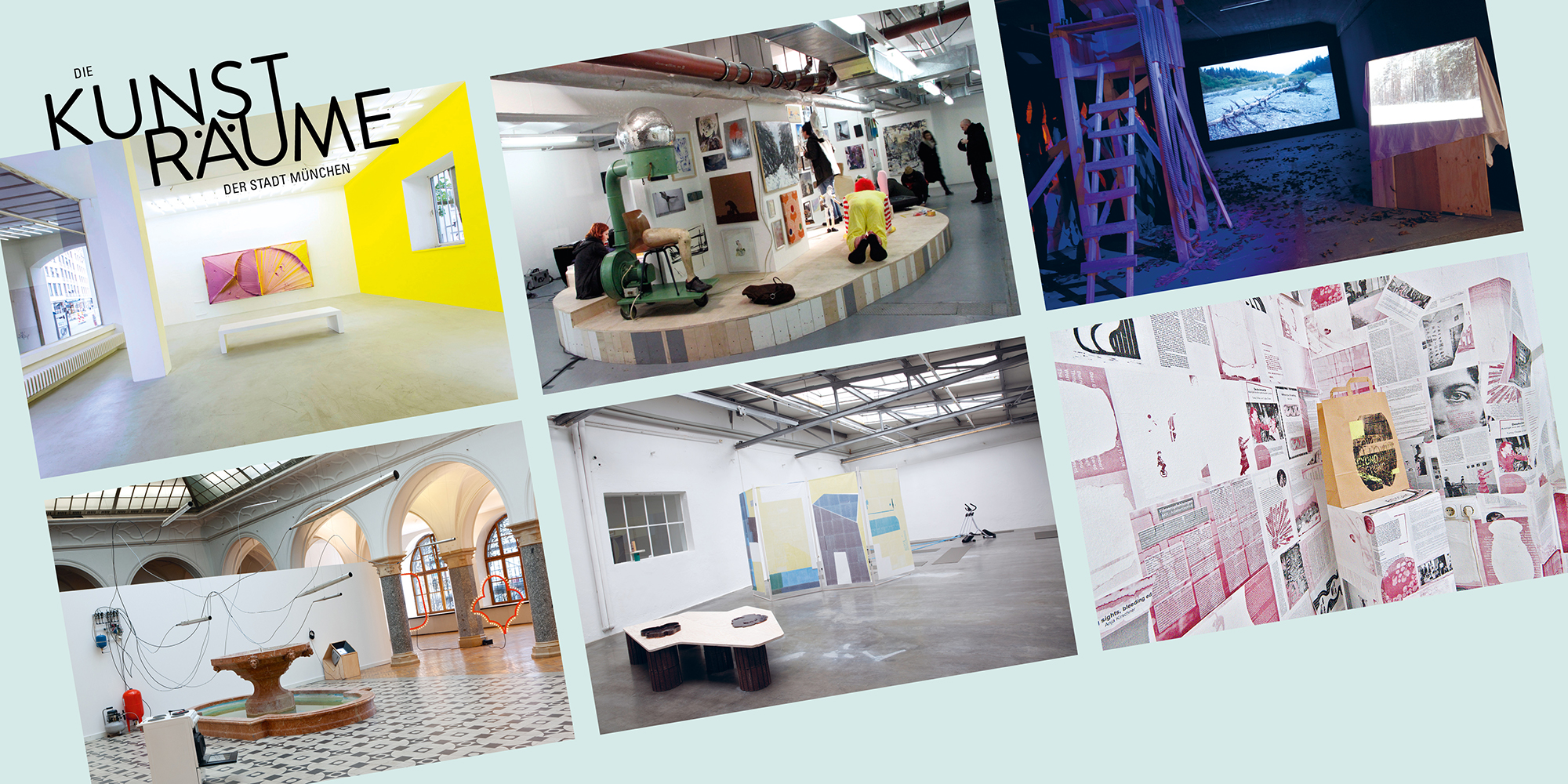 6 Fotos in zwei Reihen zeigen Ausstellungsansichten aus den städtischen Kunsträumen