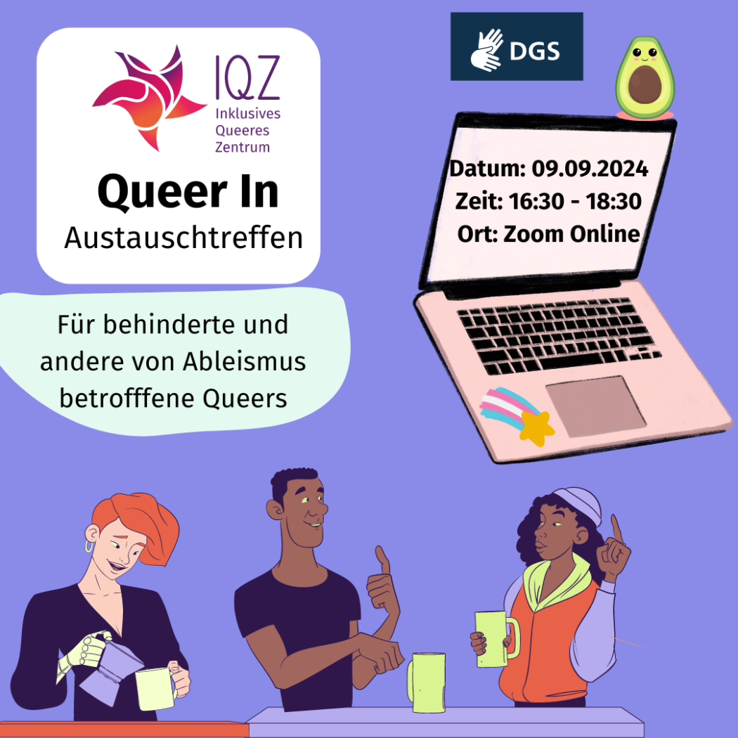 Veranstaltungsankündigung von vom Inklusiven Queeren Zentrum: Austauschtreffen Queer In am 9.9. um 16:30h