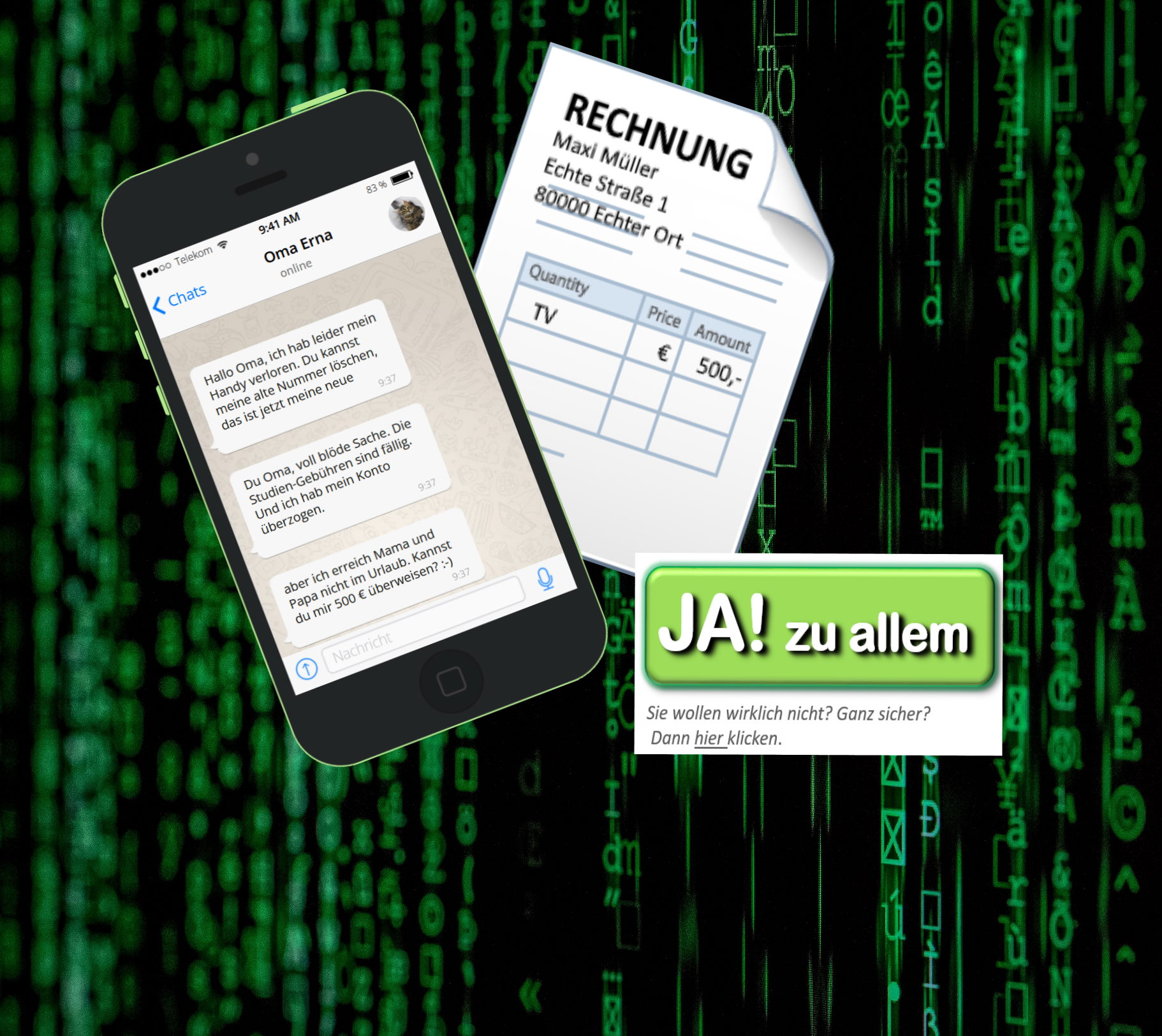 Smartphone mit WhatsApp Betrug auf dem display, eine Rechnung und ein Cookies-Knopf
