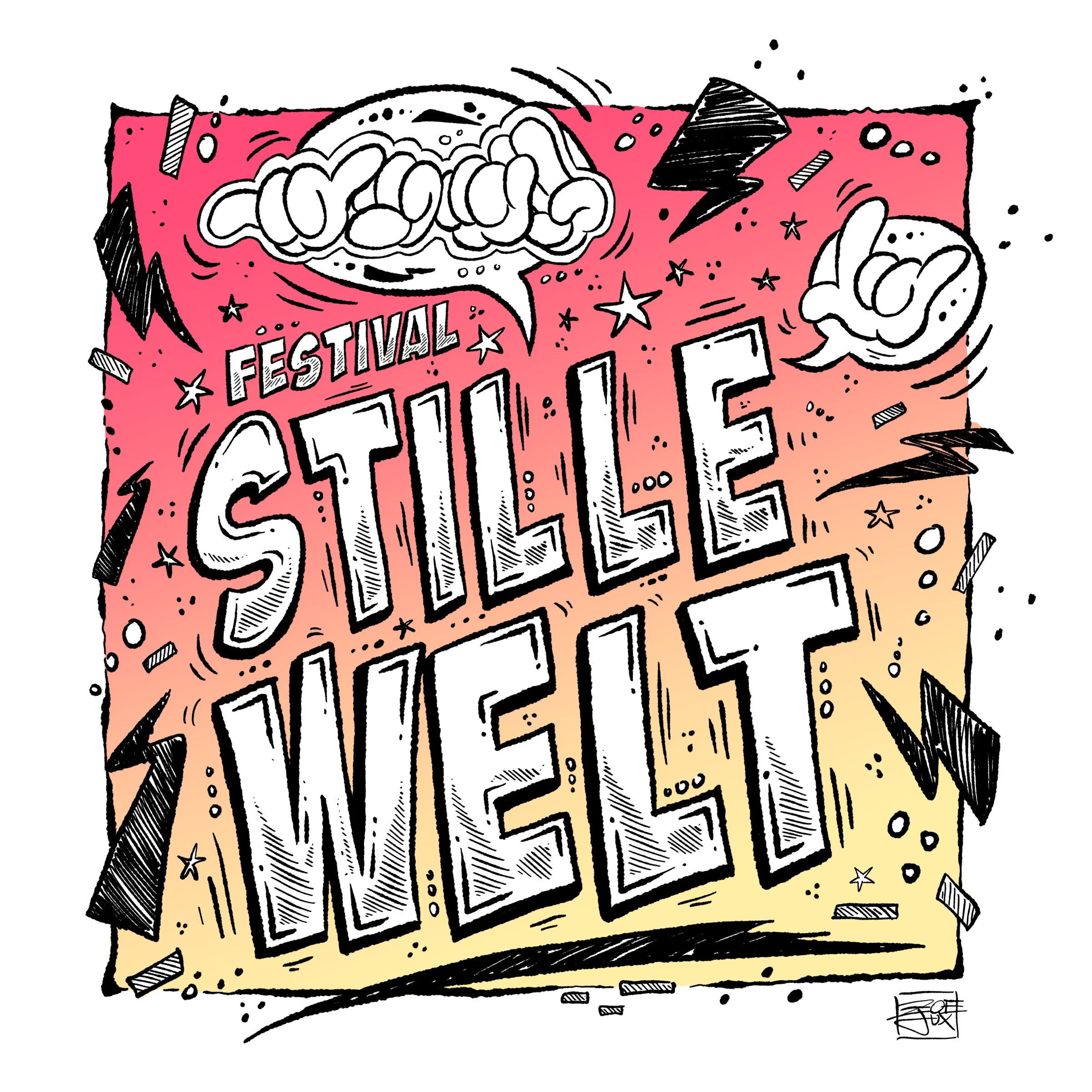 Comic-Grafik: auf einem rot-gelbem Untergrund ist der Schriftzug "Festival Stille Welt"; Weitere Zeichen in Fingeralphabet