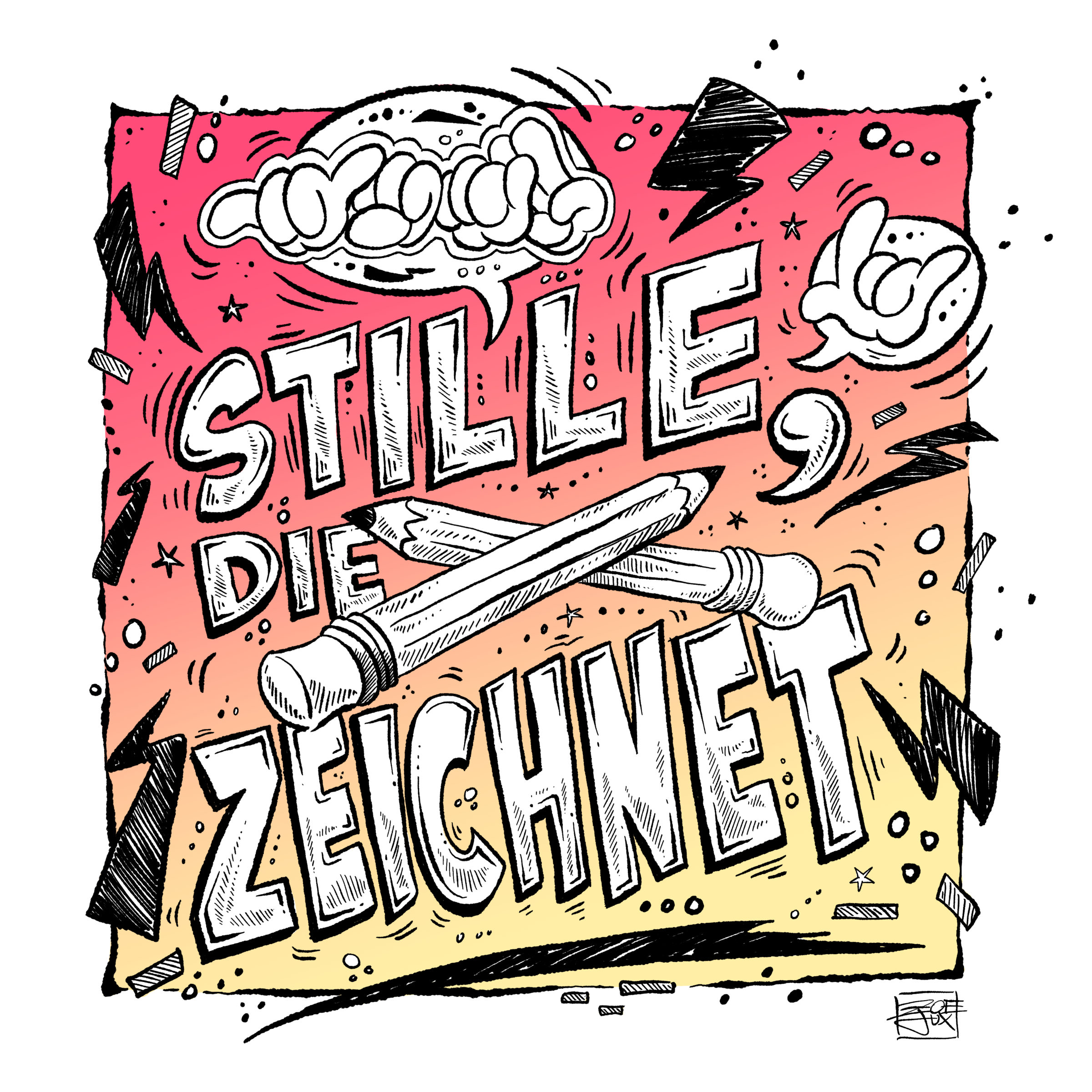 Comic-Grafik: Comic-Schriftzug "Stille, die zeichnet" auf rot-gelbem Hintergrund; Wort in Fingeralphabet; zwei Zeichenstifte in der Mitte