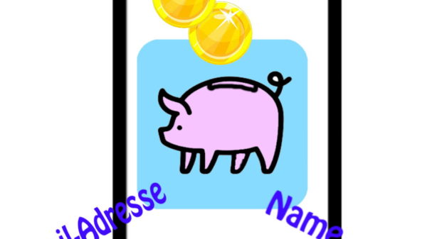 Illustration eines Smartphones mit Sparschwein auf dem Bildschirm, in das Geld fällt, darum stehen Begriffe wie Name, Ort, E-Mail-Adresse mit Fragezeichen