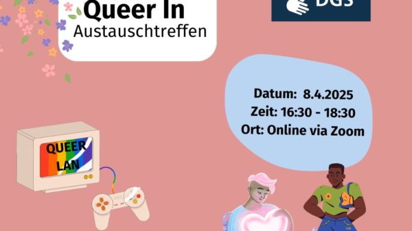 Auf dem Flyer für die Veranstaltung "Queer In" ist ein Computer mit Playkonsole zu sehen. Der Bildschirm zeigt ein regenbogenfarbenen Hintergrund auf dem "Queer LAN" steht. Daneben ist eine Person of Color mit rosa kurzen Haaren. Sie sitzt im Rollstuhl und hält ein großes Herz an ihren Oberkörper. Sie trägt einen Hosenanzug und Pumps in rosa. Rechts daneben steht eine Schwarze Person. Sie trägt ein bauchfreies T-shirt in grün und eine Jeanshose darüber einen Jeansrock. Sie trägt eine kleine Tasche über der Schulter. Unten kinks auf dem Flyer steht: "Für behinderte und andere von Ableismus betroffene Queers"