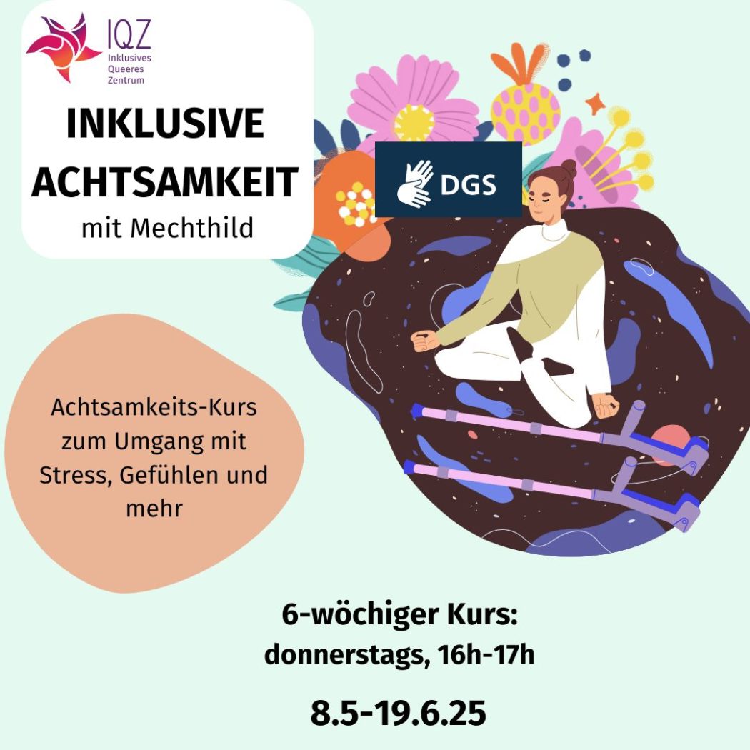 Auf dem Flyer des IQZ ist im Mittelpunkt eine weiße Person, die im Schneidersitz mit geschlossenen Augen meditiert. Sie trägt ihr braunes langes Haar in einem Dutt am Hinterkopf. Um die Person herum ist eine Weltall-Blase mit Sternen und Planeten. In reichweite zur Person liegen zwei pink-lila Krücken am Boden. Über der Weltallblase am Kopf der Person wachsen große verschiedenartige Blumen in den Farben rosa, gelb und orange.