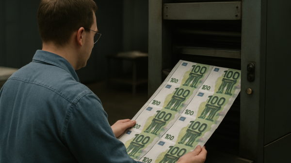 Eine männlich gelesene Person zieht frisch gedruckte 100-Euro-Scheine aus einem Drucker