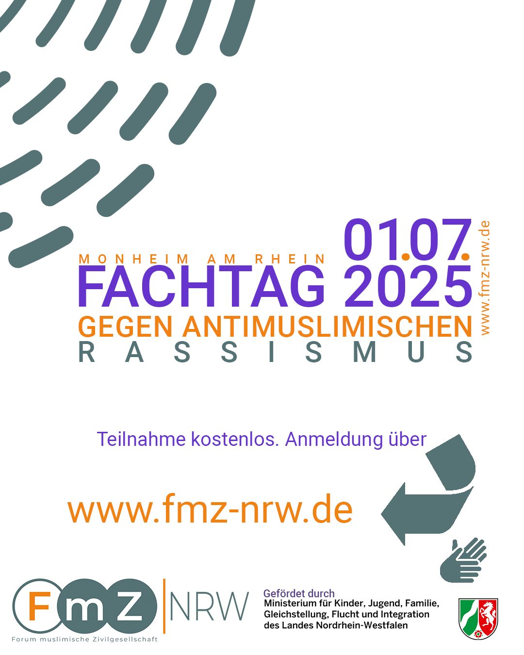 Flyer für Fachtag gegen antimuslimischen Rassismus am 1. Juni 2025 in Monheim, vom Familienministerium NRW gefördert. Projekt von FmZ (Forum muslimische Zivilgesellschaft). Anmeldung und weitere Infos unter fmz-nrw.de. Mit 2 Gebärdensprachdolmetscher*innen.