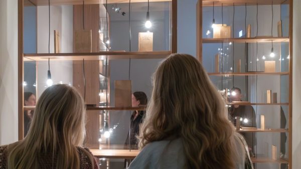 Menschen vor einem Kunstwerk der Künstlerin Shilpa Gupta