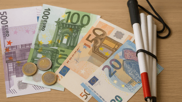 Auf einem Tisch liegen insgesamt 675 Euro und ein zusammengefalteter Blinden-Taststock