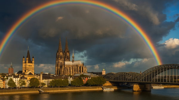 Kölner Skyline mit Regenbogen, im Hintergrund dunkle Wolken