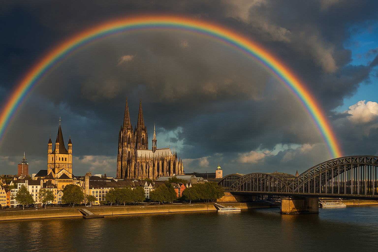 Kölner Skyline mit Regenbogen, im Hintergrund dunkle Wolken