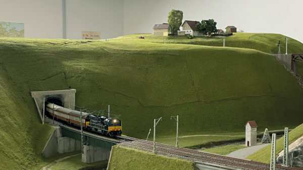 Foto einer Modelleisenbahn-Landschaft: grüner Hügel mit Tunnel; Schienen und Eisenbahn