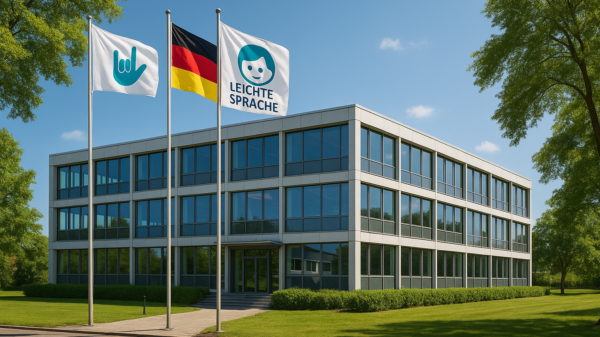 Symbolbild des Bundeskompetenzzentrums: Ein Bürogebäude mit drei Flaggen vor der Tür: einmal die ILY-Hand, dann die Deutschlandflagge und zuletzt eine Flagge mit einem Smiley und "Leichte Sprache".