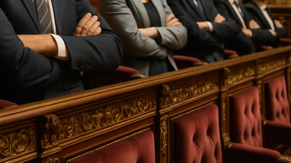 Mehrere Personen sitzen nebeneinander mit gekreuzten Armen in einem barocken Parlament, die Gesichter sind nicht zu sehen.