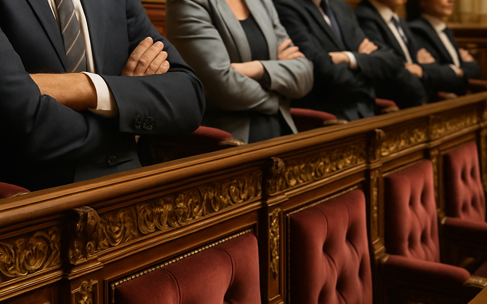 Mehrere Personen sitzen nebeneinander mit gekreuzten Armen in einem barocken Parlament, die Gesichter sind nicht zu sehen.