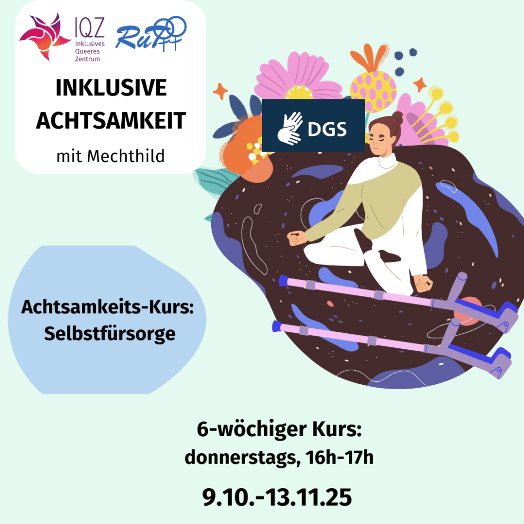Auf dem Flyer des IQZ ist im Mittelpunkt eine weiße Person, die im Schneidersitz mit geschlossenen Augen meditiert. Sie trägt ihr braunes langes Haar in einem Dutt am Hinterkopf. Um die Person herum ist eine Weltall-Blase mit Sternen und Planeten. In reichweite zur Person liegen zwei pink-lila Krücken am Boden. Über der Weltallblase am Kopf der Person wachsen große verschiedenartige Blumen in den Farben rosa, gelb und orange.